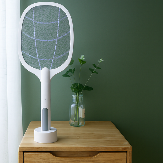 Raquete Elétrica Mata Insetos Recarregável com Base e Luz LE