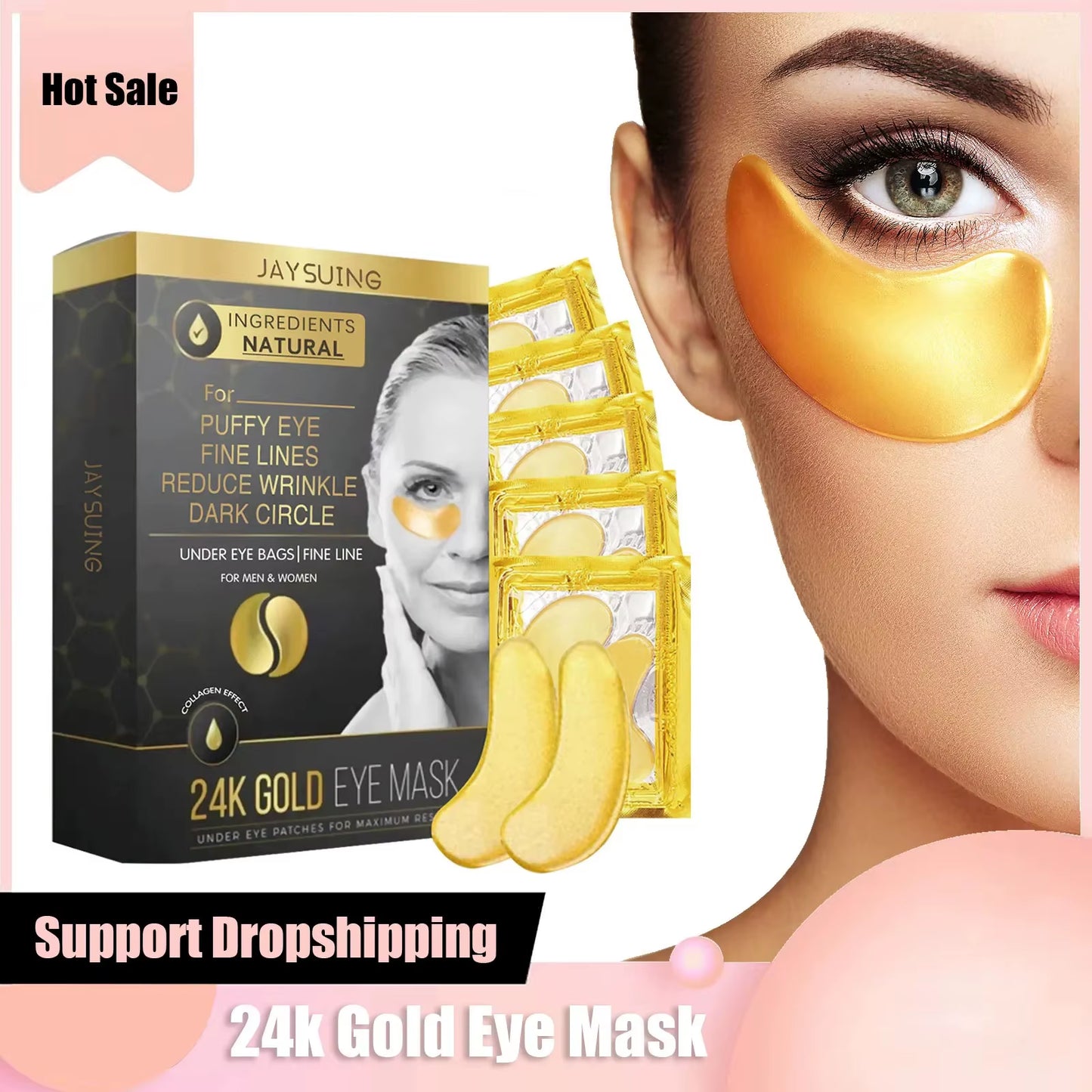 24K Gold Collagen Eye Mask anti Wrinkle Fade Fine Line Remove Eye Bag Puffiness Dark Circles Fat Granules Moisturizing Skin Care