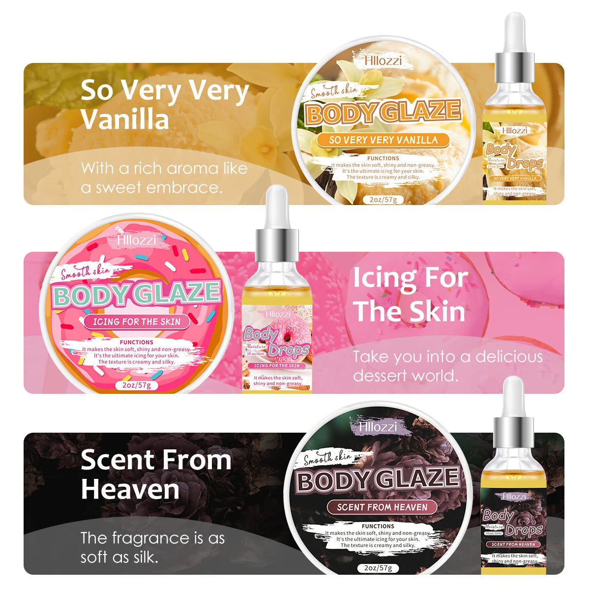 Body Glaze & Body Oil Combination Various Flavors Non-Greasy Hydrating and Moisturizing Body Lotion Massag