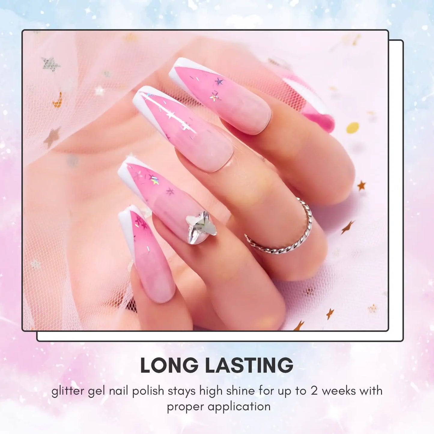 Gel Nail Polish Set Jelly Clear Glitter Pink Blue Soak off Gel with Irridescent Stars, Crystal Transparent Nail Varnish