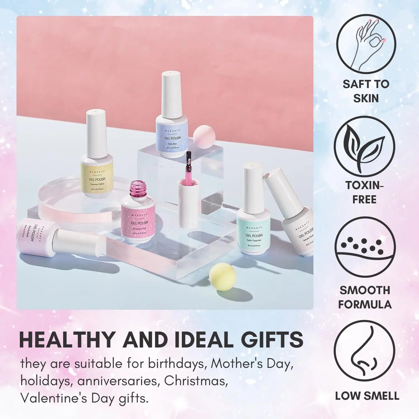 Gel Nail Polish Set Jelly Clear Glitter Pink Blue Soak off Gel with Irridescent Stars, Crystal Transparent Nail Varnish