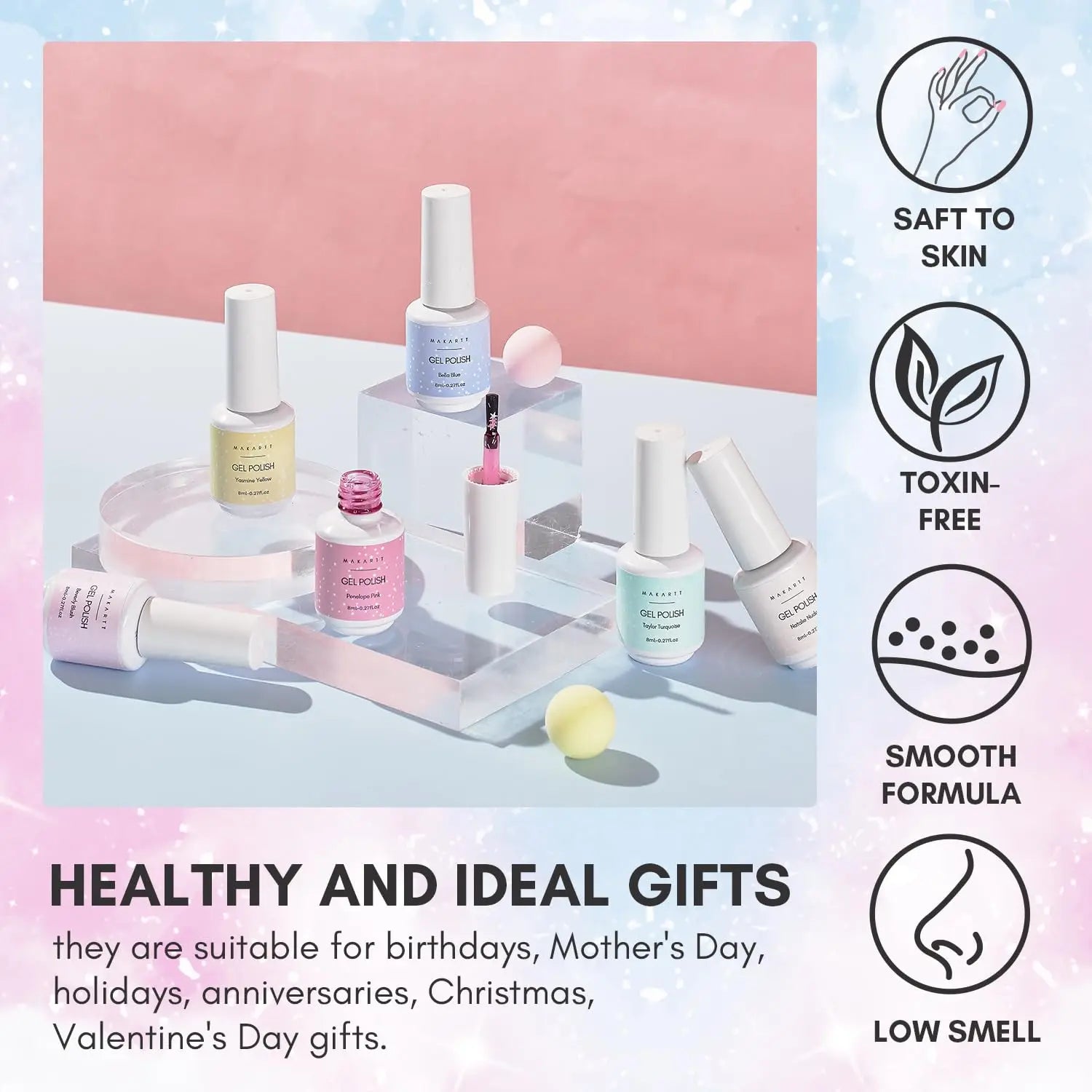 Gel Nail Polish Set Jelly Clear Glitter Pink Blue Soak off Gel with Irridescent Stars, Crystal Transparent Nail Varnish