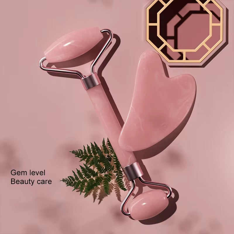 1Pcs Pink Natural Jade Roller for Face - Jade Gua Sha Rose Quartz Face Roller for Aging Wrinkles and Puffiness - Natural Pink F