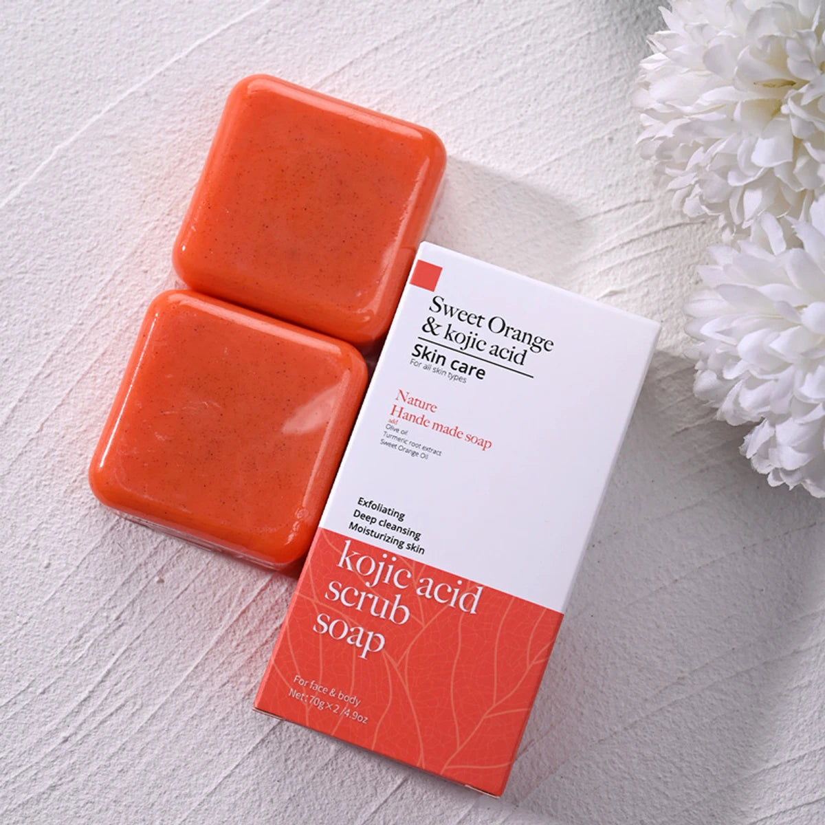 Kojic Acid Scrub Soap Orange Fragrance Body Face Wash Nature Ingredient Papaya Floral Pattern Paper Style Bath