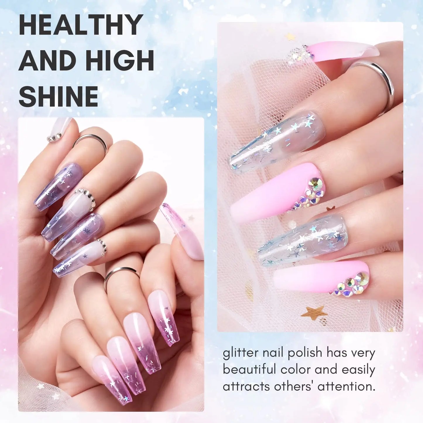 Gel Nail Polish Set Jelly Clear Glitter Pink Blue Soak off Gel with Irridescent Stars, Crystal Transparent Nail Varnish