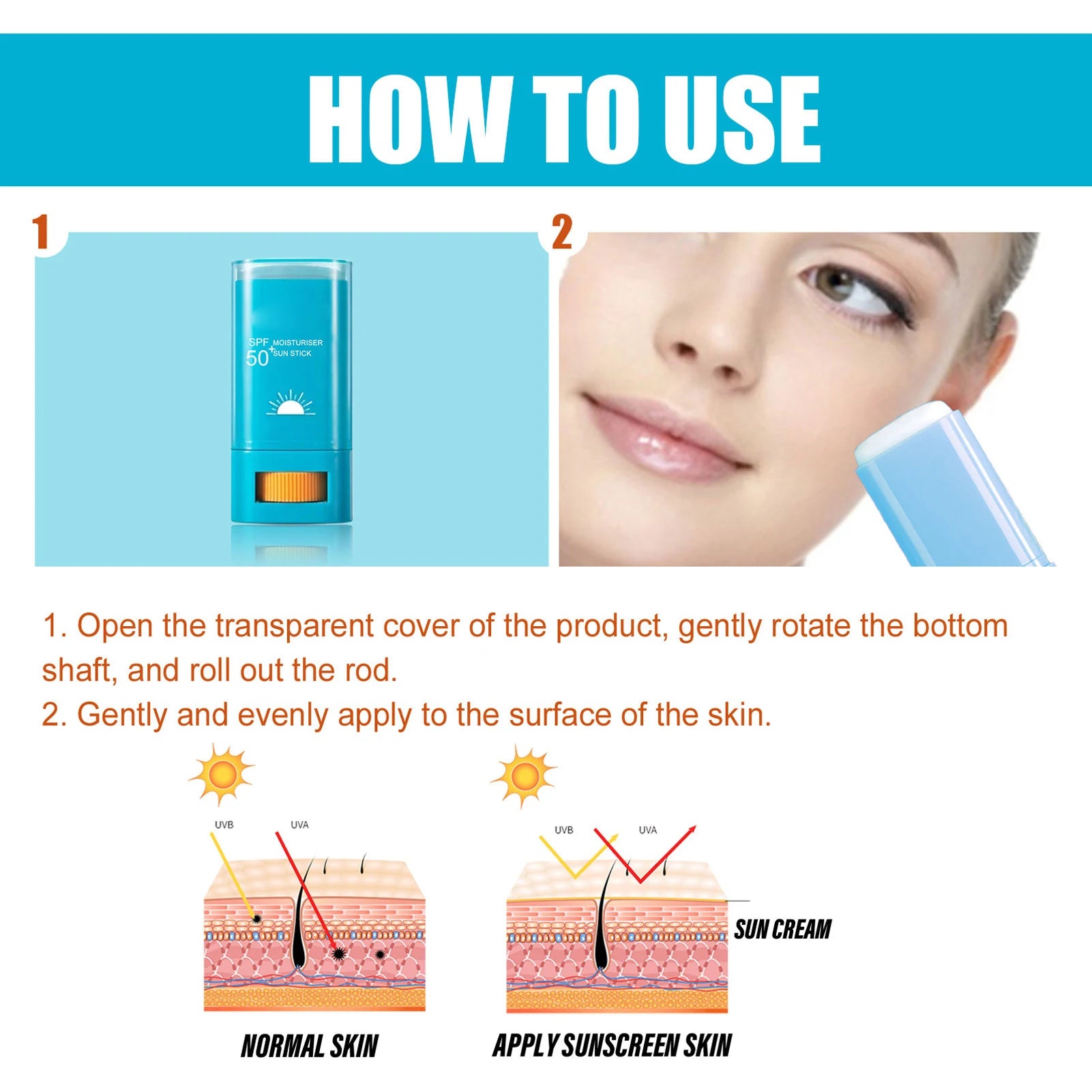 Moisturizing Sunscreen Stick Broad Spectrum SPF 50+ UVA UVB Water Resistant Sunblock Stick 0.7Oz Sunblock Stick