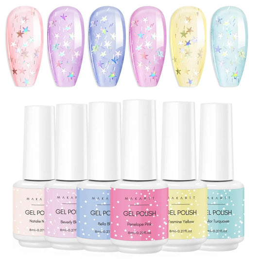 Gel Nail Polish Set Jelly Clear Glitter Pink Blue Soak off Gel with Irridescent Stars, Crystal Transparent Nail Varnish