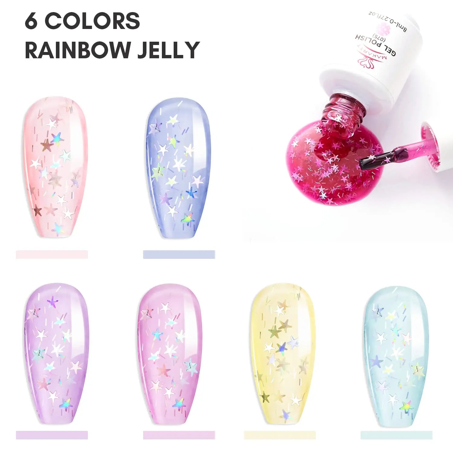 Gel Nail Polish Set Jelly Clear Glitter Pink Blue Soak off Gel with Irridescent Stars, Crystal Transparent Nail Varnish