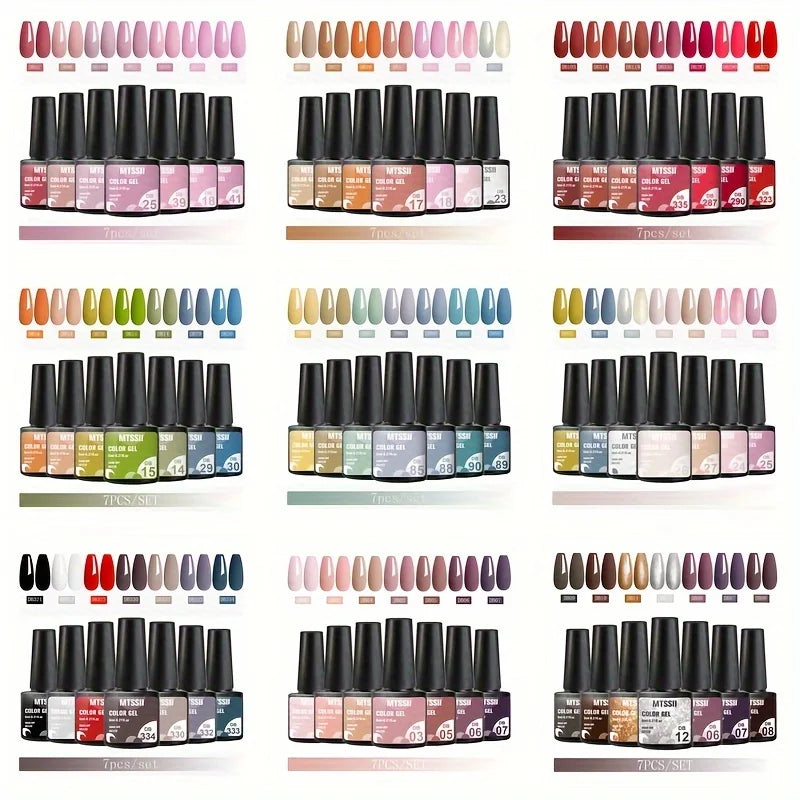 7Pcs/Set Gel Nail Polish Set for All Season Nail Art Semi-Permanent Nail Polish Soak off UV/LED Gel Polish Nail Supplies