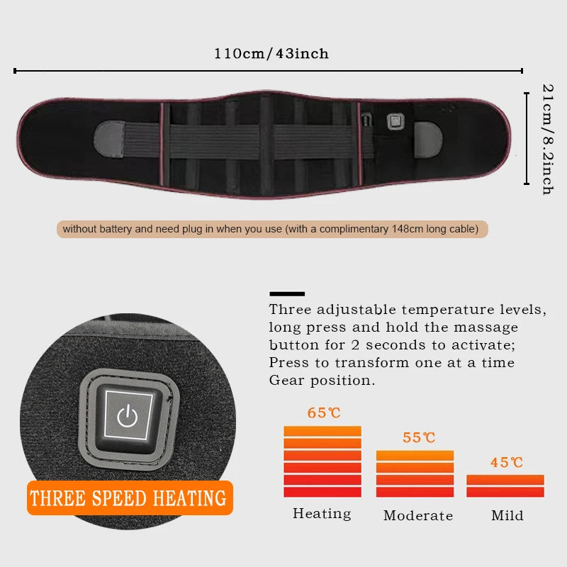 Back Heat Support Belt Heating Waist Brace with Adjustable Temperature Heated Back Belt Abdomen Warmer Lumbar Support 3Rd Gear