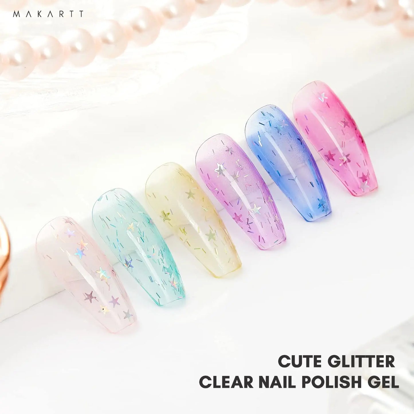 Gel Nail Polish Set Jelly Clear Glitter Pink Blue Soak off Gel with Irridescent Stars, Crystal Transparent Nail Varnish