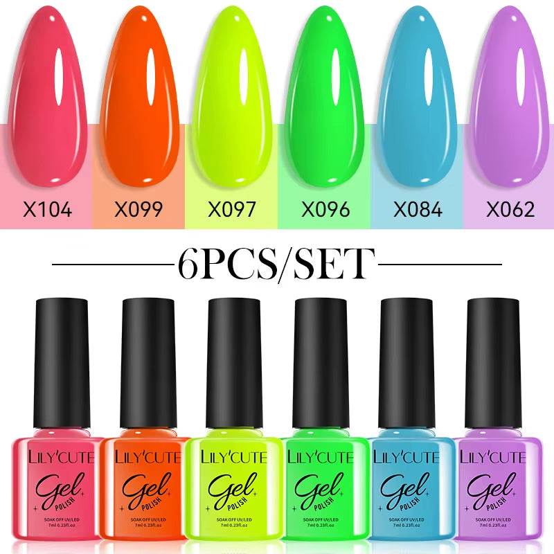 6PCS Gel Nail Polish Set Summer Neon Nail Gel Kits for DIY Nail Vernis Semi Permanent UV Lamp Gellak Nail Varnish Set