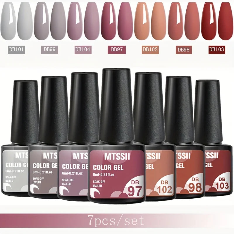 7Pcs/Set Gel Nail Polish Set for All Season Nail Art Semi-Permanent Nail Polish Soak off UV/LED Gel Polish Nail Supplies